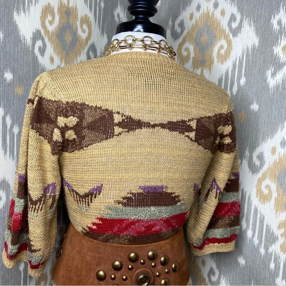 Ralph Lauren Tan Multi Southwest Aztec Hand-Knit Linen Silk V-Neck S/S Sweater - Picture 12 of 16